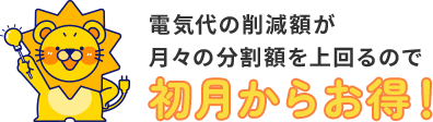 電気代の削減額が月々の分割額を上回るので初月からお得！